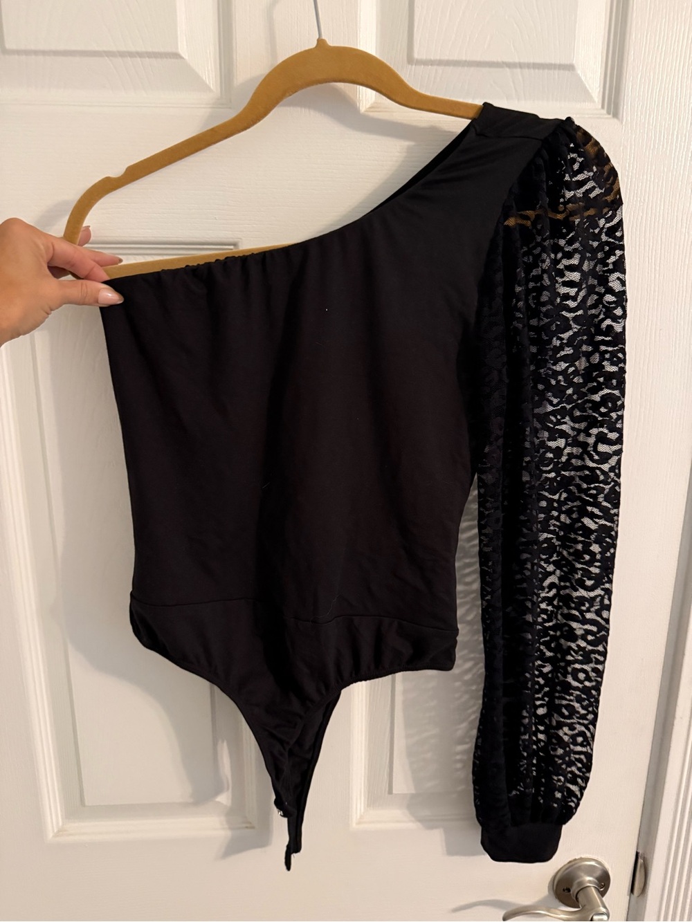 white birch One-Shoulder Black Bodysuit with Lacey Leopard Sleeve